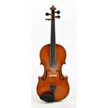 A full size German violin with one-piece back length 35.8cm, unlabelled, in W E Hill & Sons case.