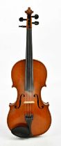 A full size German violin with one-piece back length 35.8cm, unlabelled, in W E Hill & Sons case.