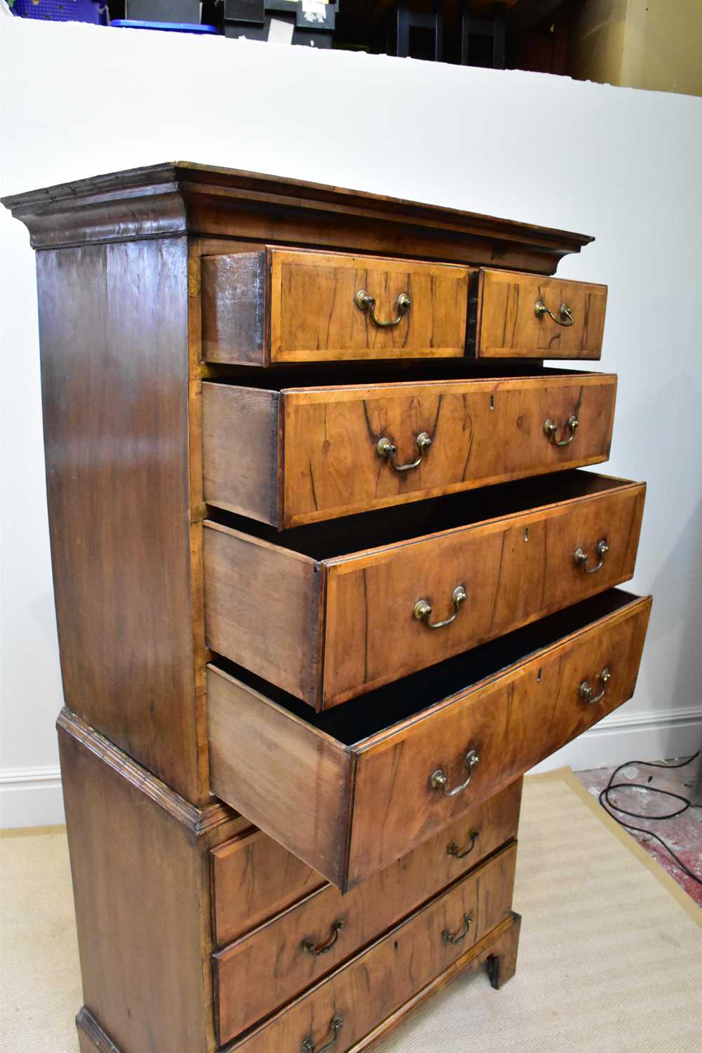 A George III walnut chest on chest, with two short and three long drawers, above three further - Image 3 of 3