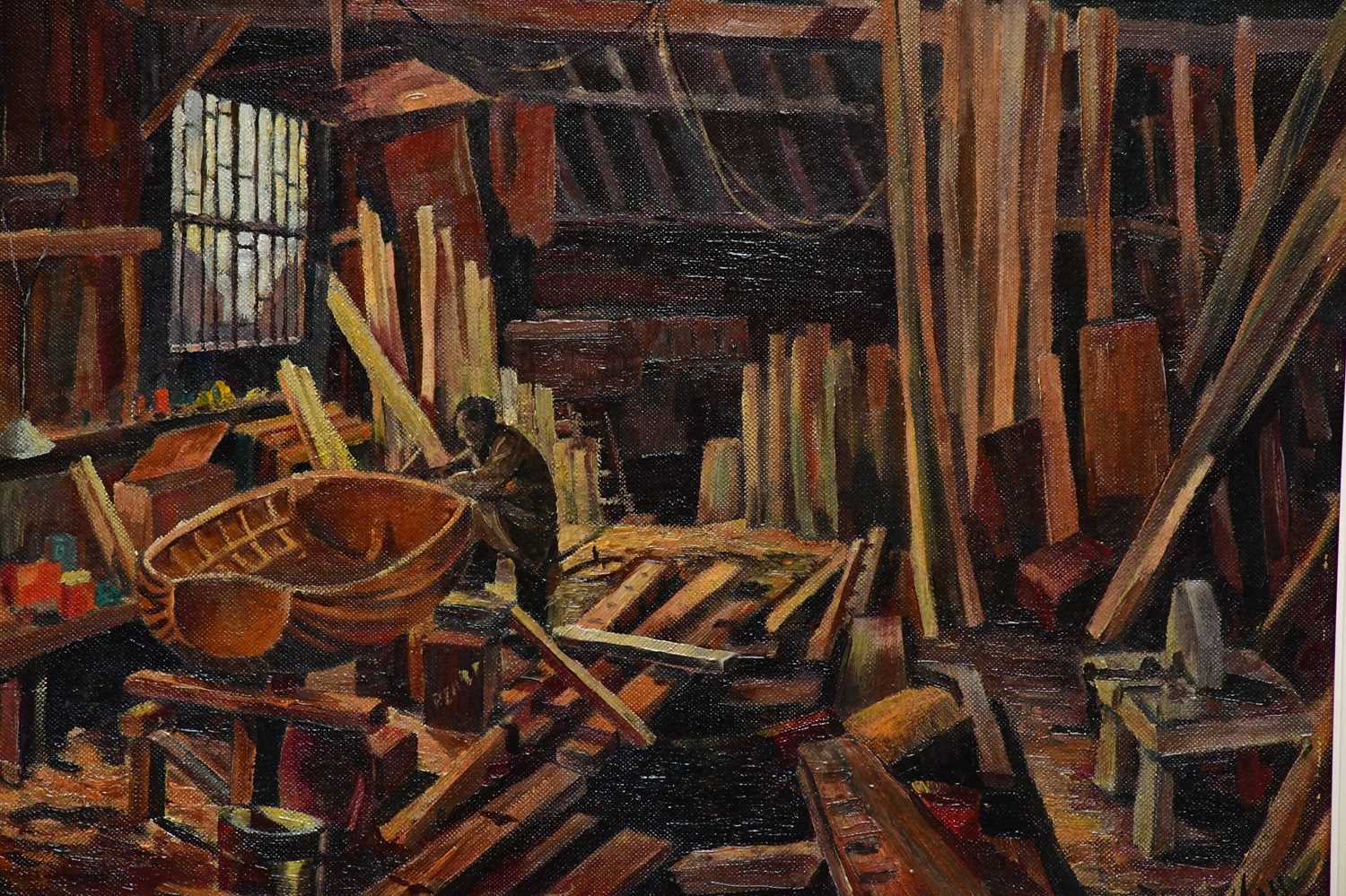 † JOHN HENSHALL; oil on canvas, interior workshop scene, signed, 62 x 77cm, framed. - Bild 2 aus 4