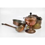 A small collection of metalware including copper tea urn, brass coal scuttle, copper pan, etc.