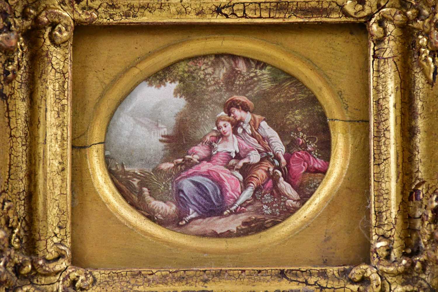 A pair of prints depicting classical figures in landscape scene in ornate gilt frames, 7 x 8cm, - Bild 2 aus 6