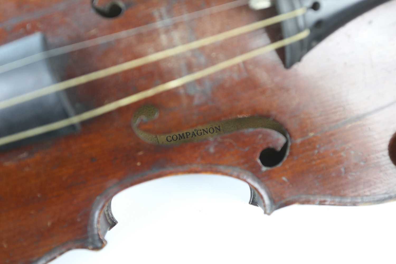 COMPAGNON; a French one piece back three-quarter size violin and bow. - Image 9 of 14