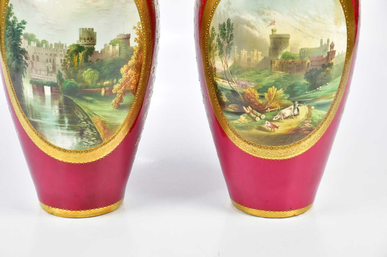 A pair of 19th century Staffordshire ovoid vases and covers, hand painted with scenes of Windsor - Image 3 of 6