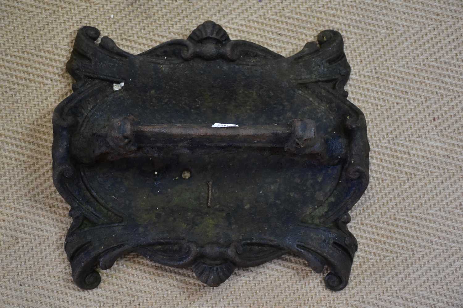 A cast iron stick stand, decorated with a sporting scene, height 78cm, and a cast iron boot - Image 4 of 4