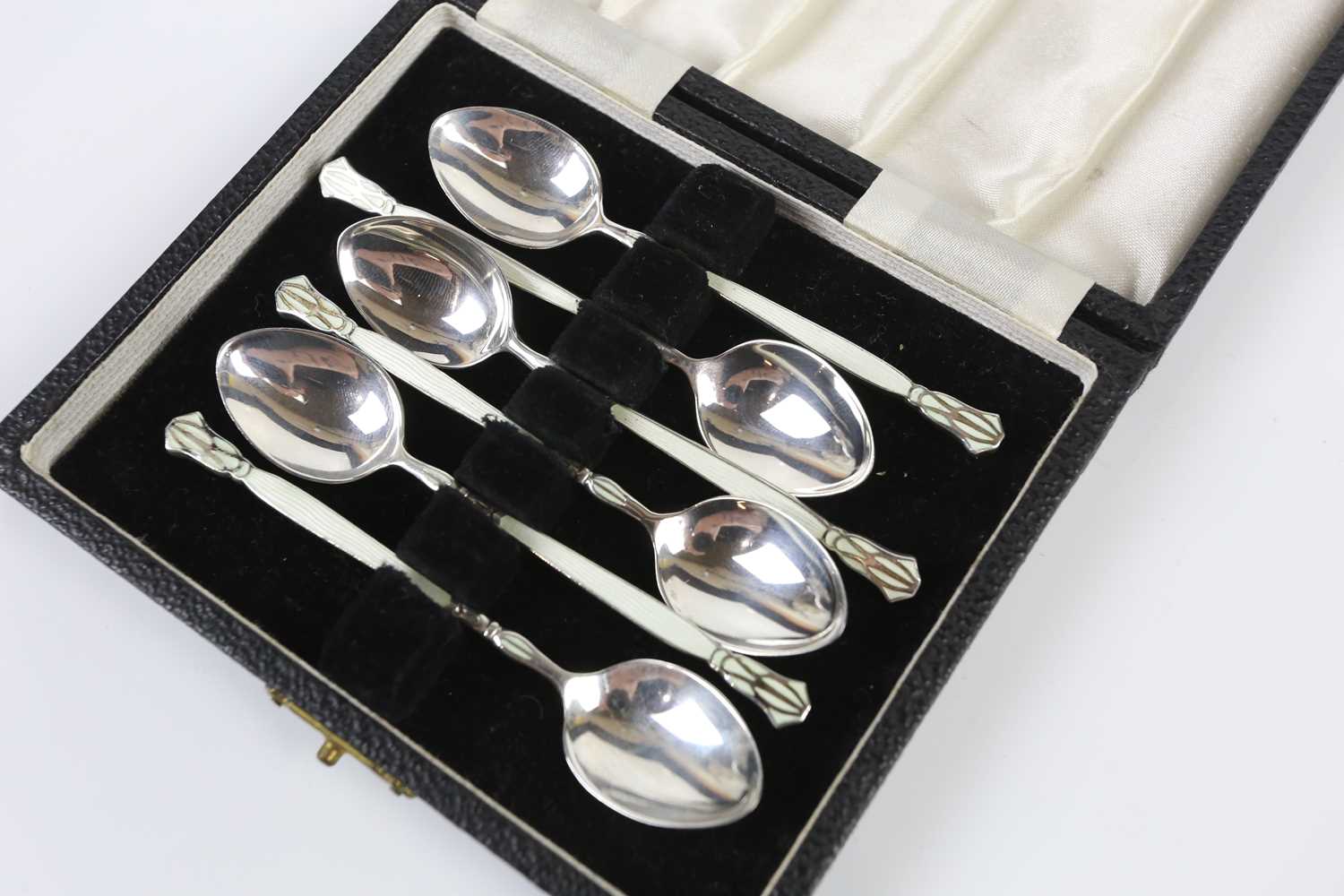 HENRY CLIFFORD DAVIS; a cased set of six George VI hallmarked silver and enamel teaspoons, - Image 2 of 3