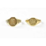 A 9ct yellow gold signet ring with chased decoration of a family crest, size J, and a yellow metal