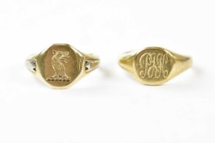 A 9ct yellow gold signet ring with chased decoration of a family crest, size J, and a yellow metal