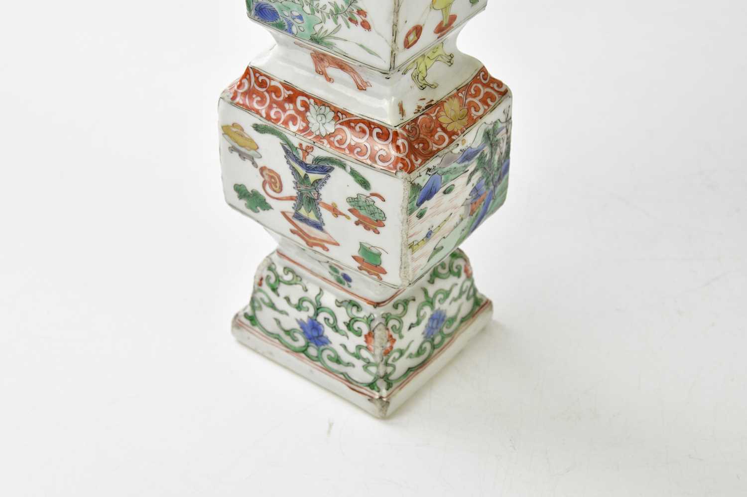 A pair of 18th century Chinese Famille Verte Wucai porcelain vases, of square form, each painted - Image 10 of 17