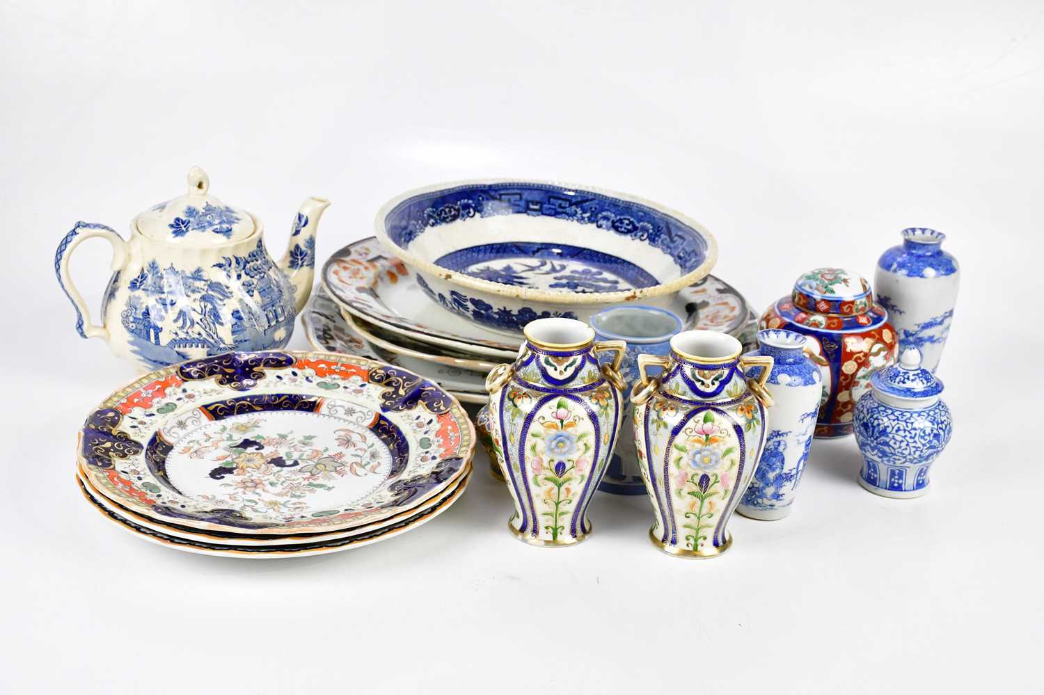 MASONS; a 19th century ironstone china meat plate, length 33cm, with a matching plate, a larger