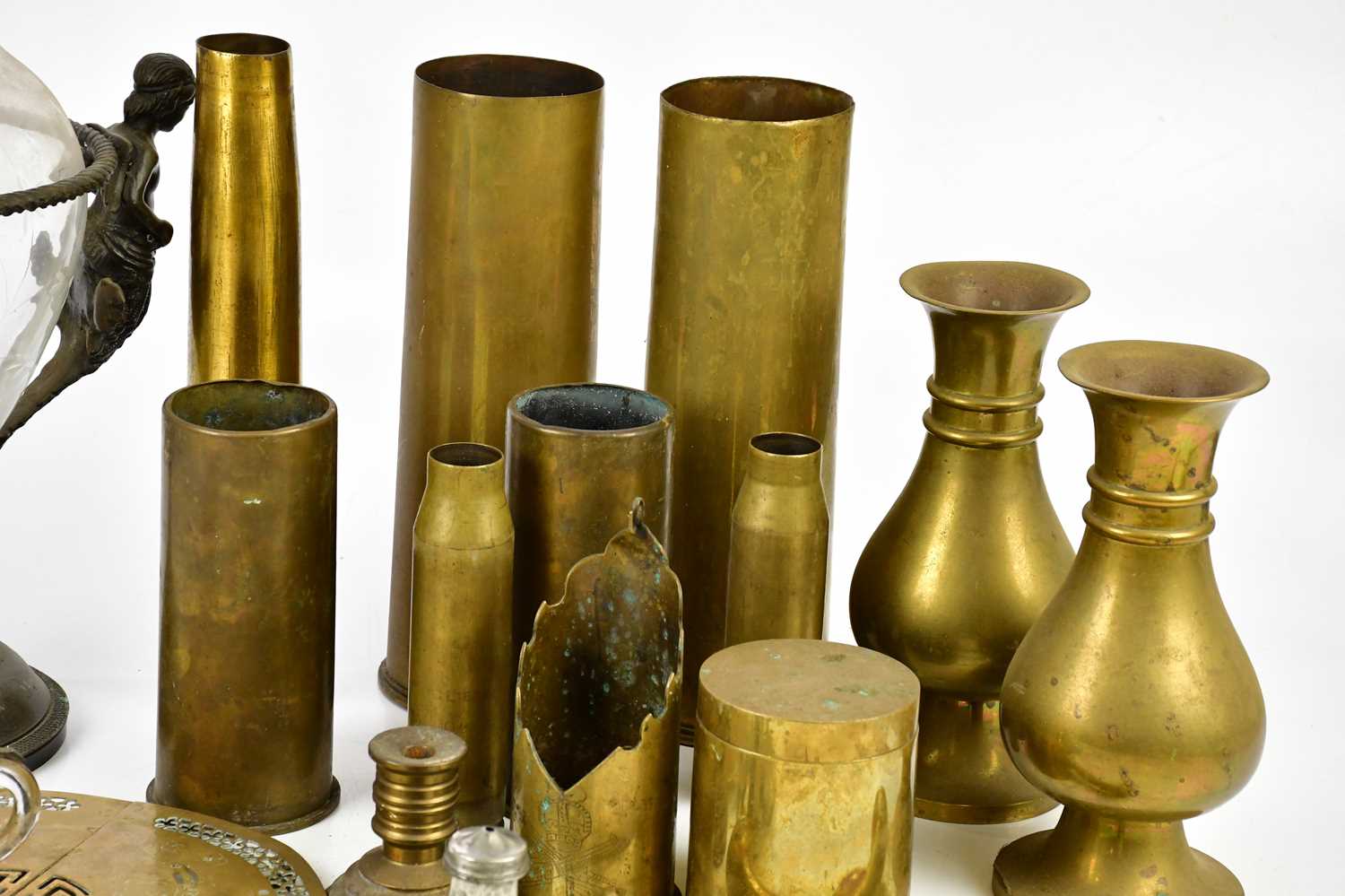 A collection of metalware to include a pair of Jones & Willis brass vases, height 23cm, six Trench - Image 3 of 4