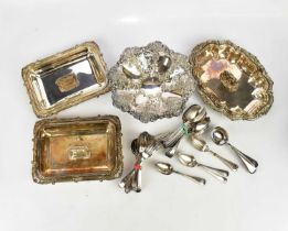 A collection of assorted silver plated items including entrée dish and cover, flatware, comport,