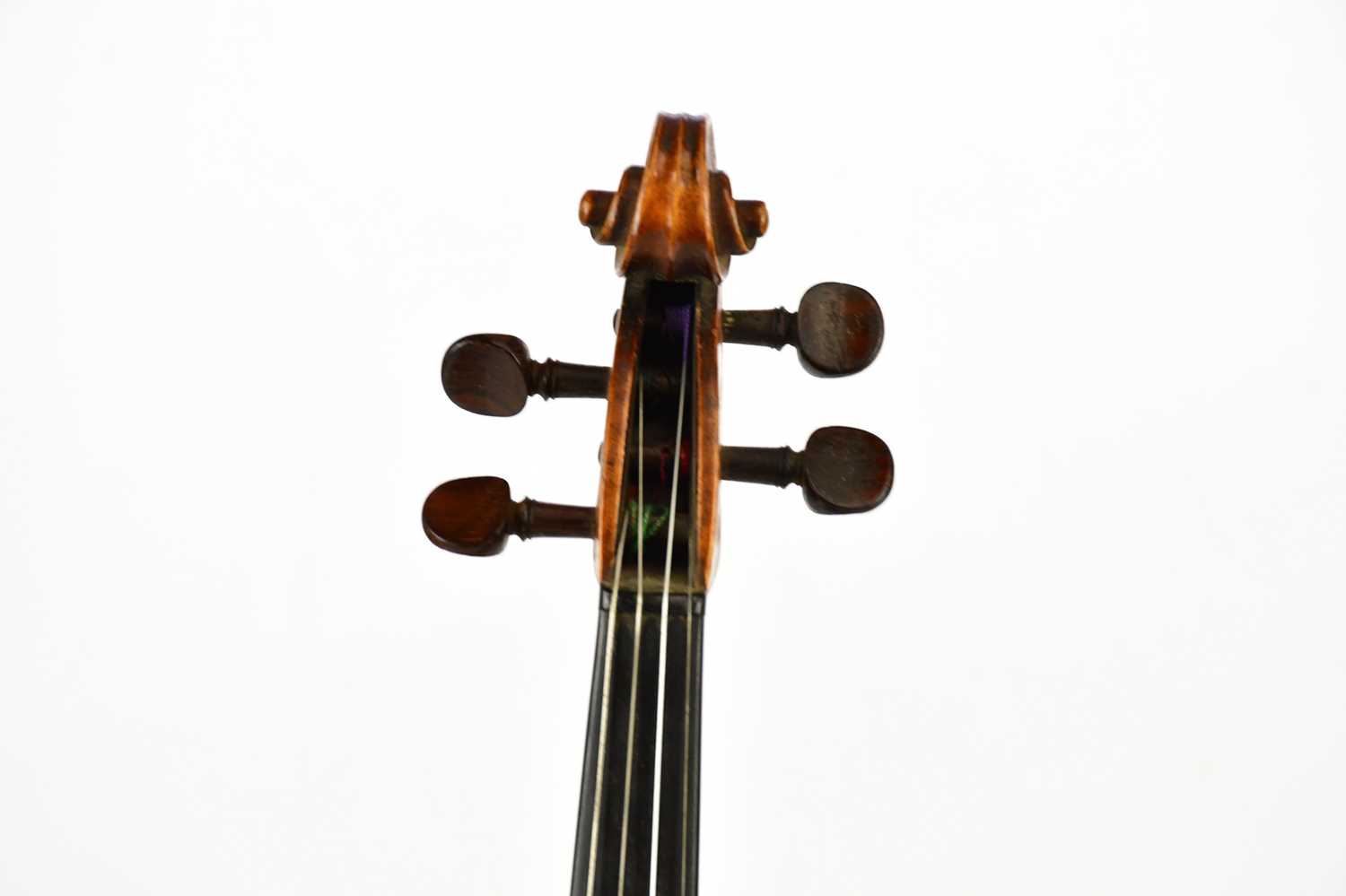 A full size German violin, Guarnerius copy with two-piece back length 35.6cm, cased with a bow. - Image 3 of 18