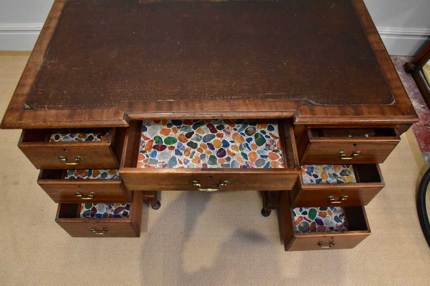 A late 19th century inverted breakfront kneehole desk with leather inset top above an arrangement of - Image 3 of 3