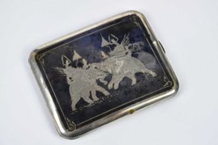 An Eastern white metal and niello cigarette case, decorated with elephants, approx 3.59ozt/111.6g.