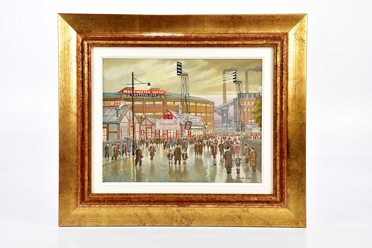 † STEVEN SCHOLES (born 1952); oil on board, Manchester United Concourse, signed lower right, 27 x