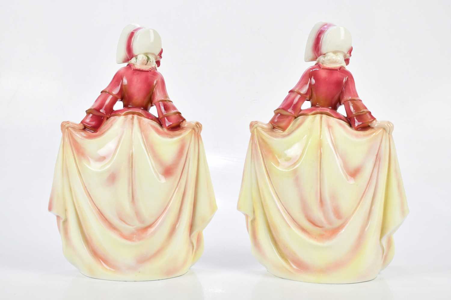 KATZHUTTE; two Art Deco ceramic figures depicting a maiden wearing a bonnet with flowing dress, - Image 6 of 7
