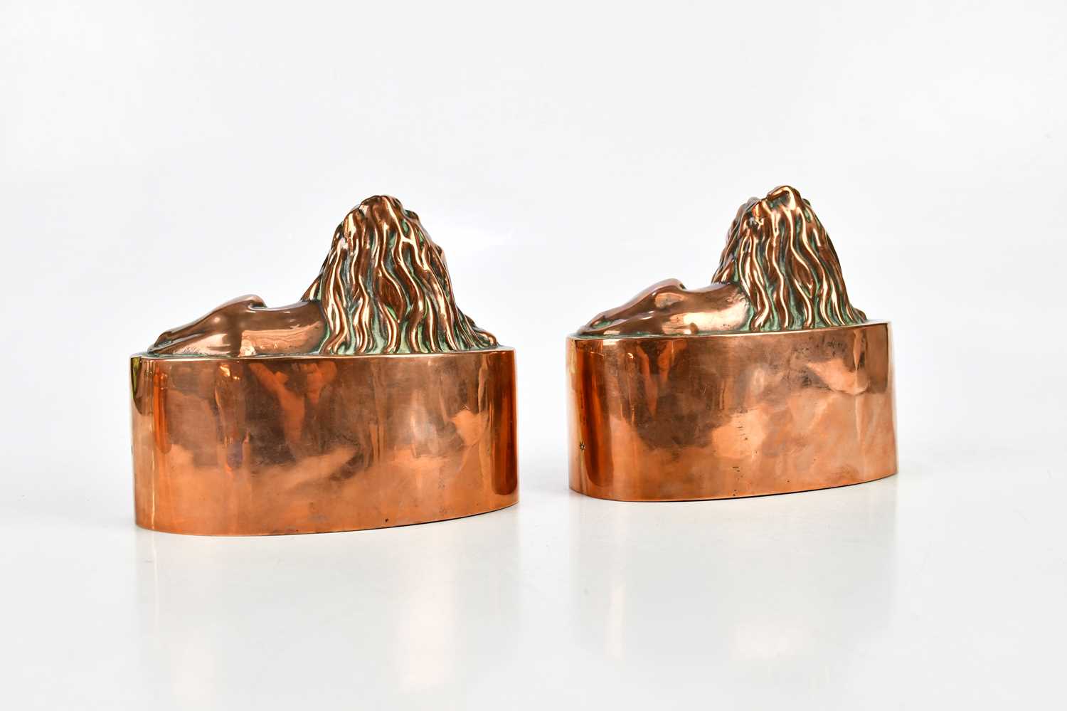 BENHAM & FROUD; a pair of 19th century copper jelly moulds of oval form, topped with recumbent - Image 6 of 9