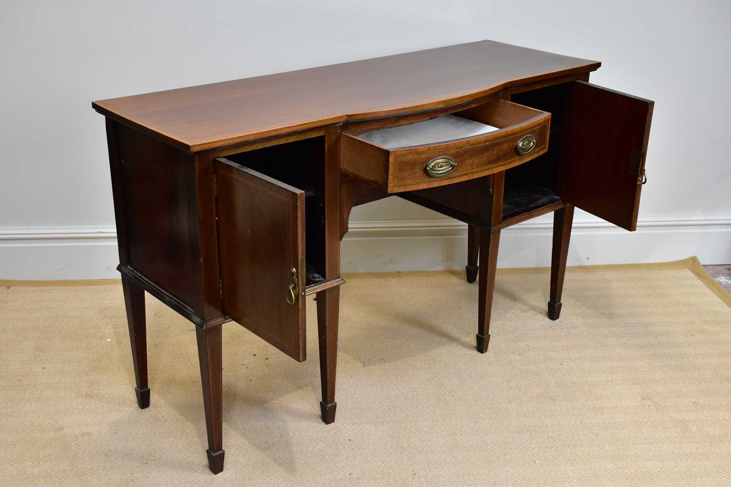 An Edwardian inlaid mahogany Sheraton Revival sideboard, with single drawer flanked by two - Image 2 of 3