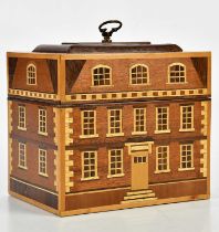 A modern inlaid fruitwood tea caddy formed as a Georgian house, the hinged cover enclosing two