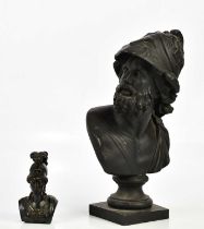 A bronzed spelter bust of Ajax, height 40cm, and a bronze bust of Athena (2).