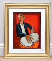 MARSHA HAMMEL; oil on gesso, 'Samba Drums', signed, 60 x 45cm, framed and glazed. Provenance: With