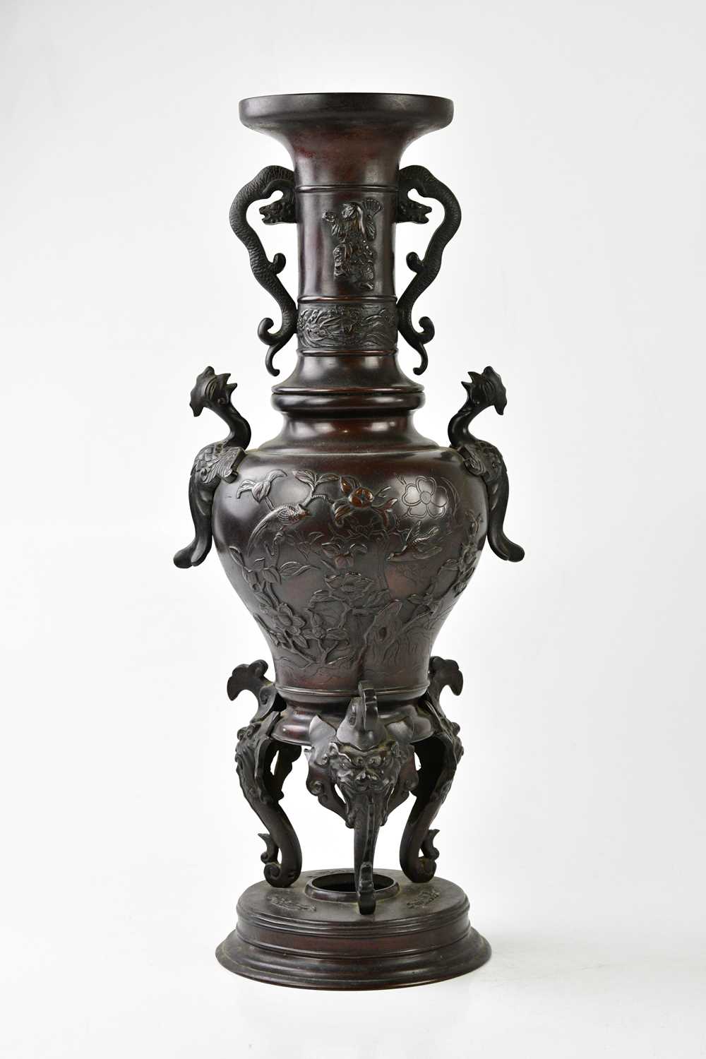 A large early 20th century Japanese bronze vase, with applied handles and crawling mythical