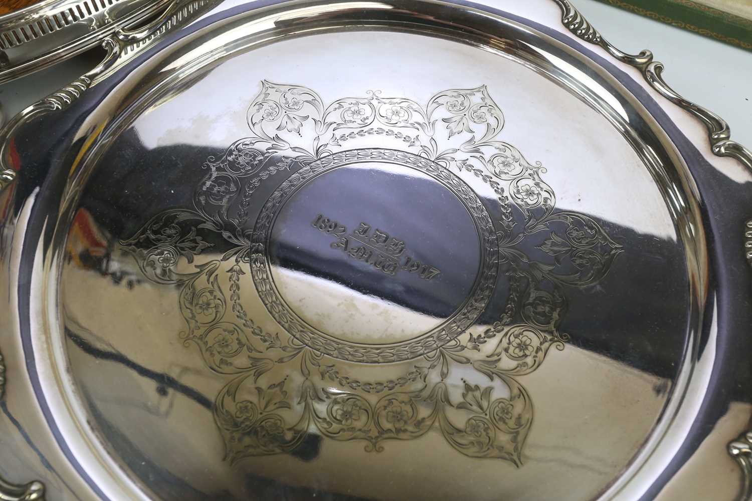 An electroplated twin handled tray, together with a further electroplated salver inscribed 'J.D.H - Image 3 of 4