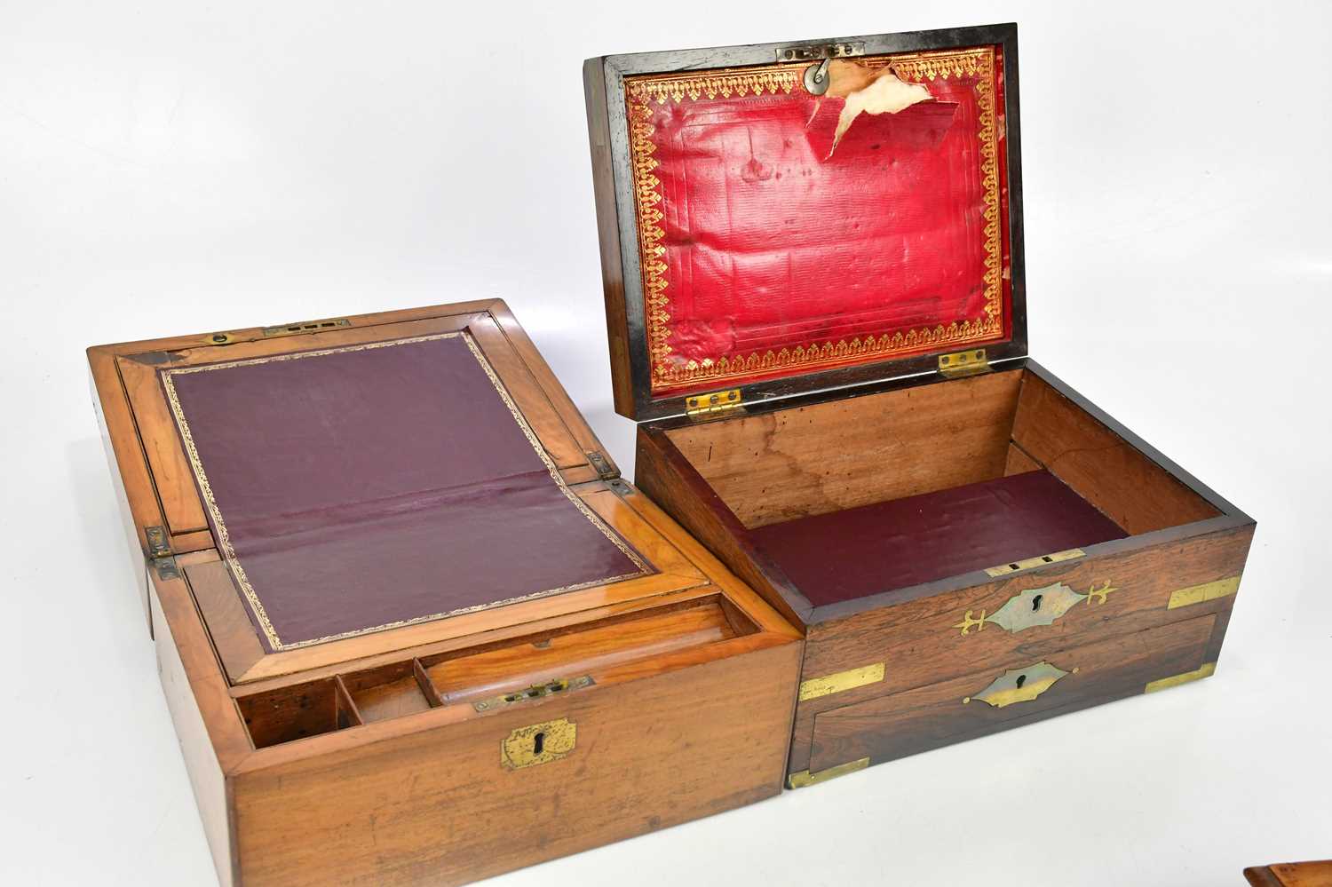 A William IV brass inlaid rosewood work box, lacking interior, length 30cm, with a walnut writing - Image 2 of 2