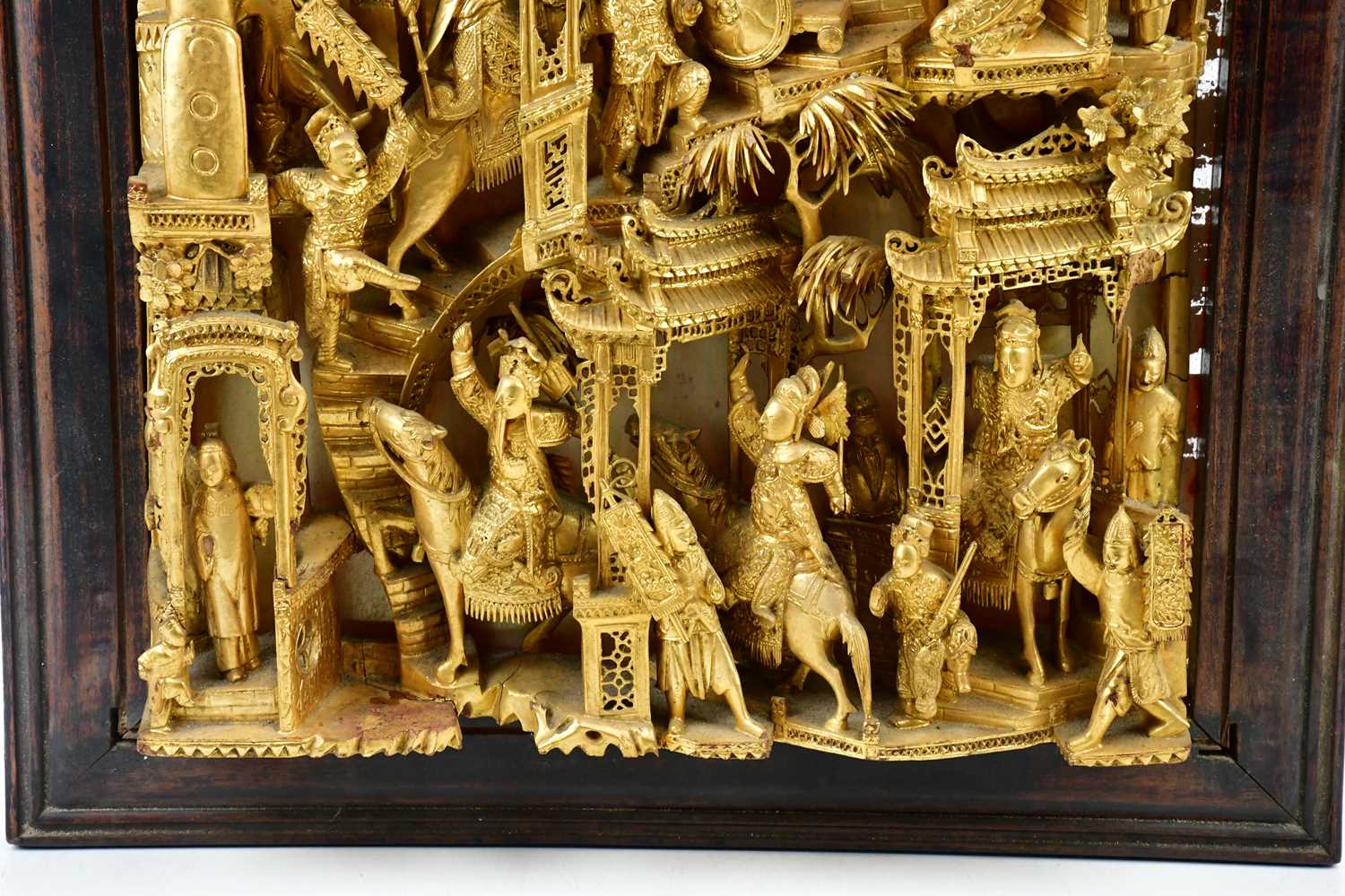 A Chinese gilt wood panel depicting figures in a temple scene within rosewood frame, overall 82 x - Image 4 of 6