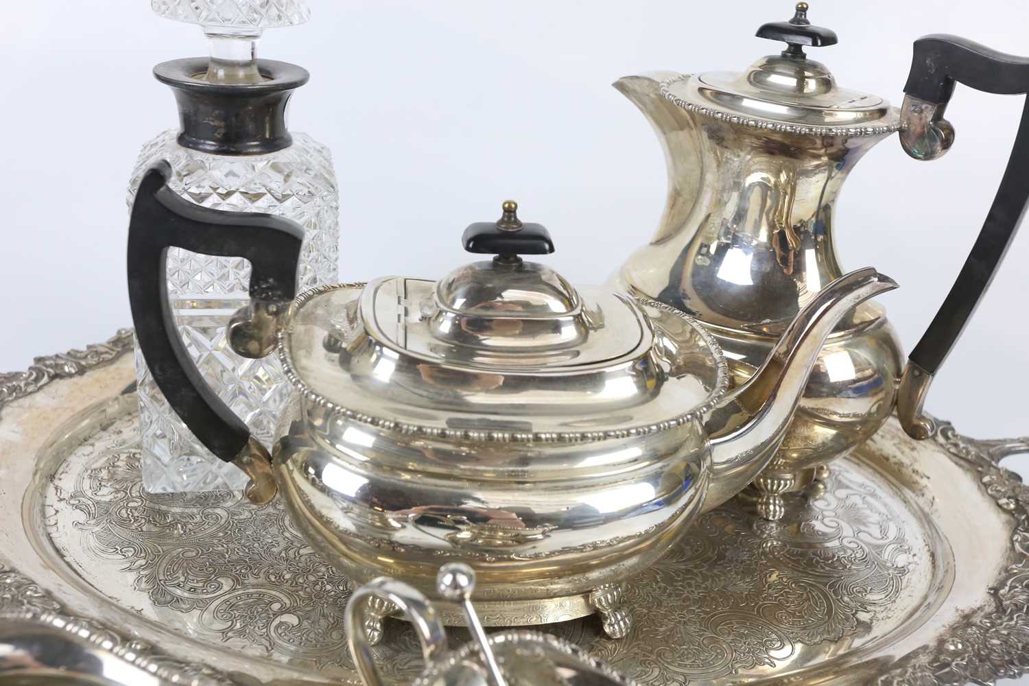 A silver plated four piece tea service with twin handled tray and cut glass decanter. - Image 3 of 5
