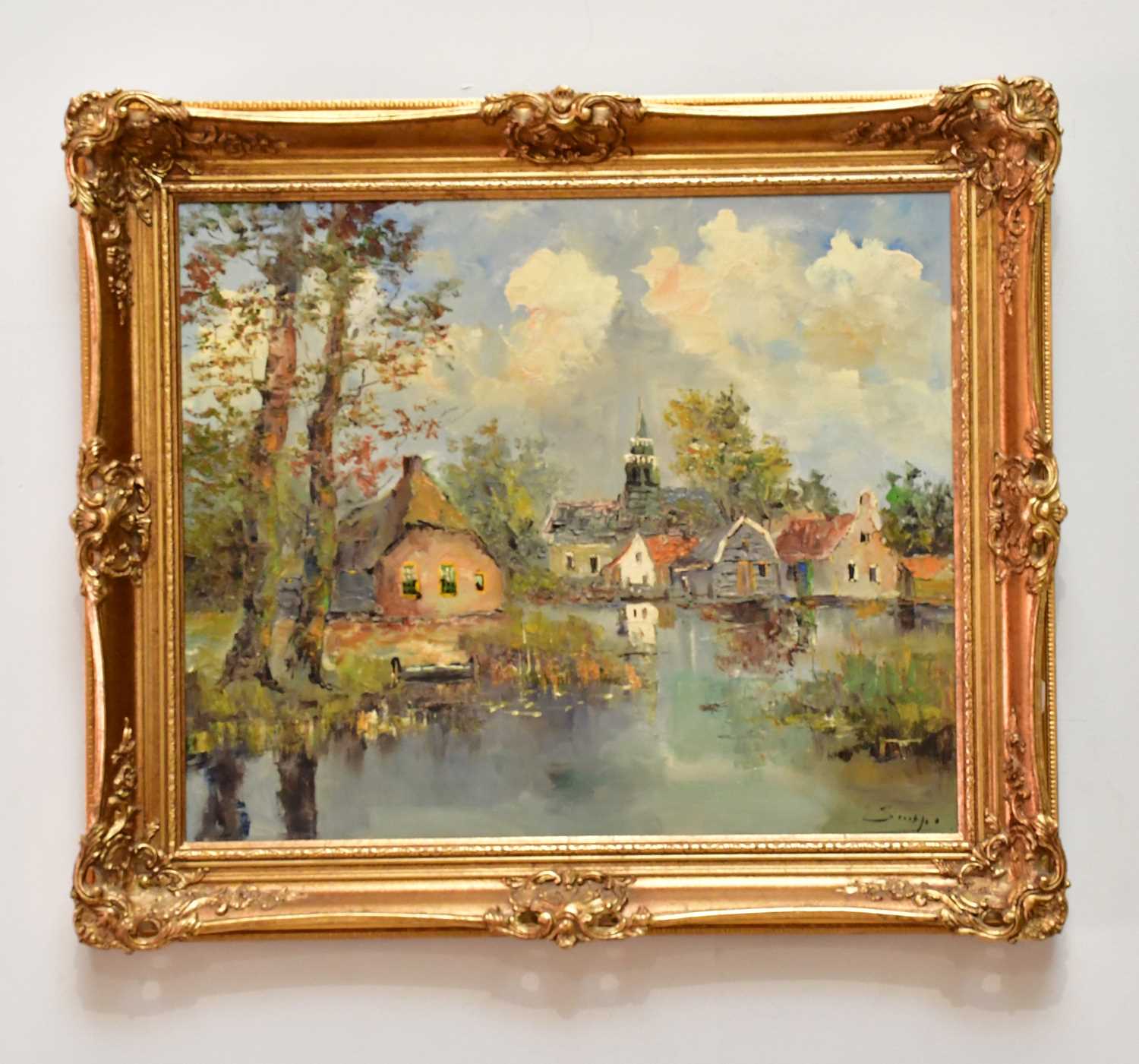 † GIEL; oil on canvas, village scene, signed lower right, 49 x 59cm, framed.