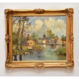 † GIEL; oil on canvas, village scene, signed lower right, 49 x 59cm, framed.