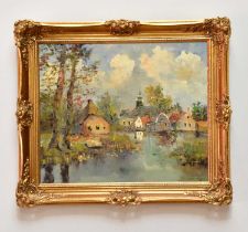 † GIEL; oil on canvas, village scene, signed lower right, 49 x 59cm, framed.