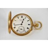 A 9ct yellow gold crown wind half hunter pocket watch, the enamel dial signed 'J W Benson,