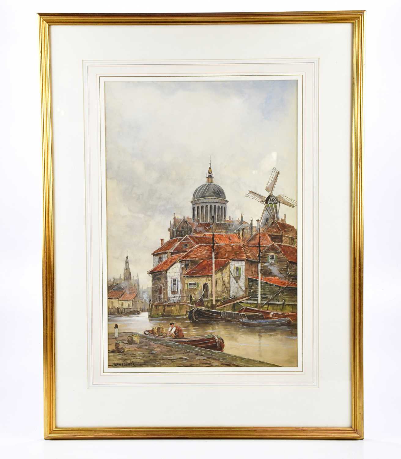 HERMANUS KOEKKOEK JNR ('JAN VAN COUVER', 1836-1909); watercolour, Dutch river scene with boats,
