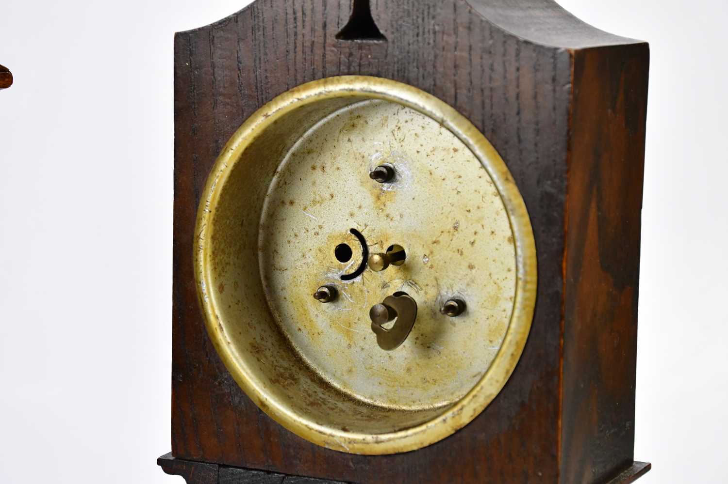 An oak cased miniature longcase clock, the dial set with Roman numerals, height 38cm, and an early - Image 3 of 5