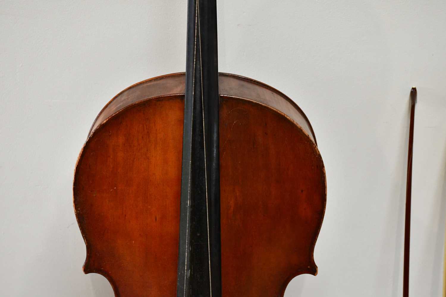 A full size German violoncello with two-piece back, length 75cm, unlabelled, with a silver mounted - Image 3 of 16