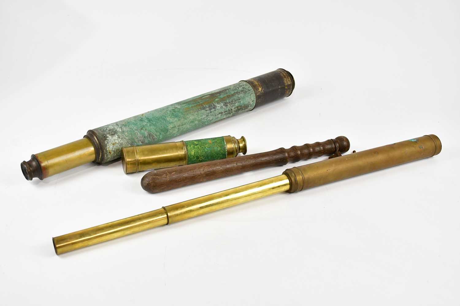 Three brass cased telescopes including a three draw example, also a truncheon (4).