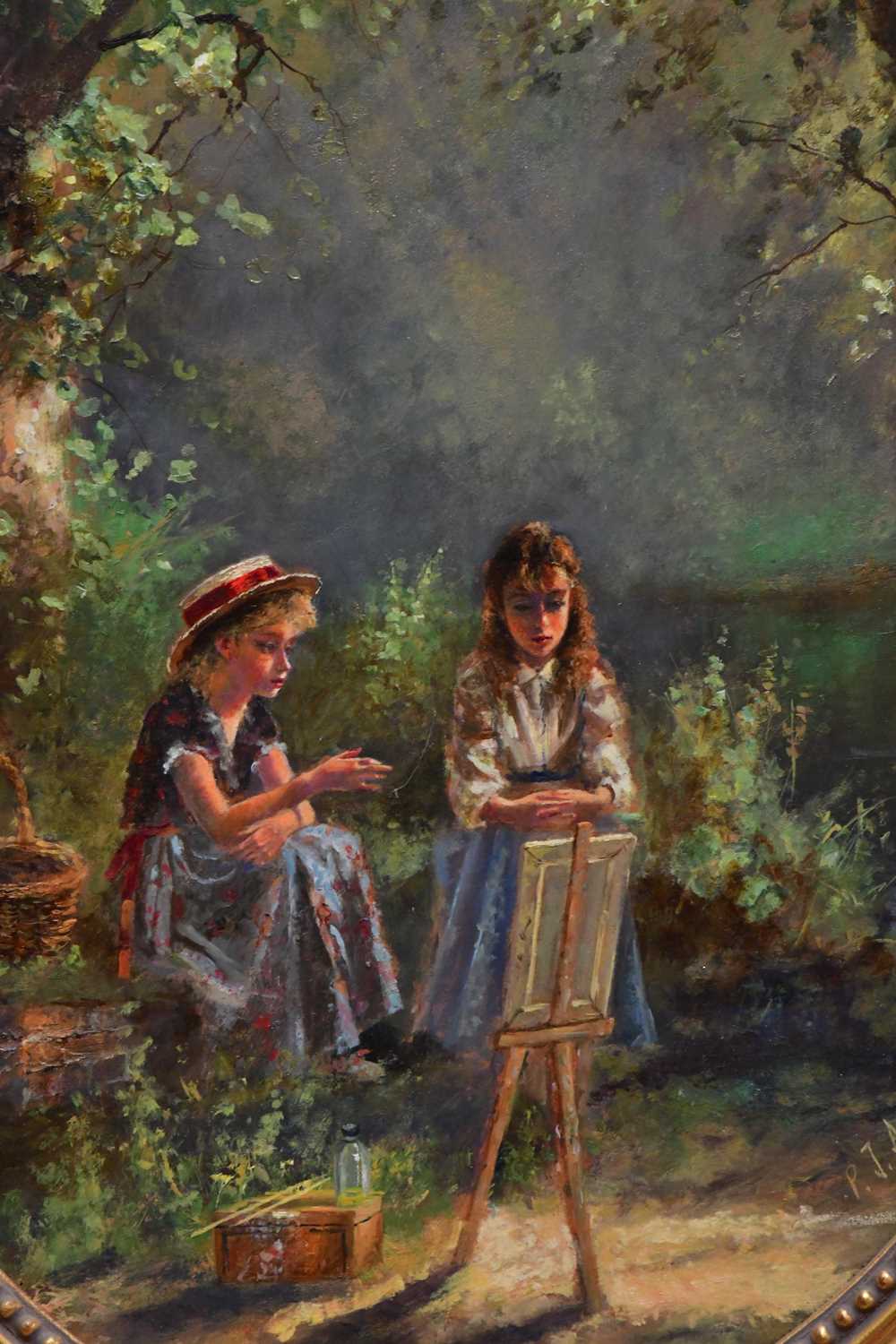 † PAUL ATTFIELD (born 1950) oval oil on board, girls painting landscape, signed, 49 x 39cm, framed. - Image 2 of 4