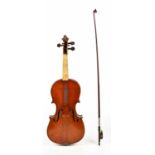 A full size German violin, Stradivarius copy, with two-piece back length 35.5cm , cased with a bow.