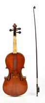 A full size German violin, Stradivarius copy, with two-piece back length 35.5cm , cased with a bow.