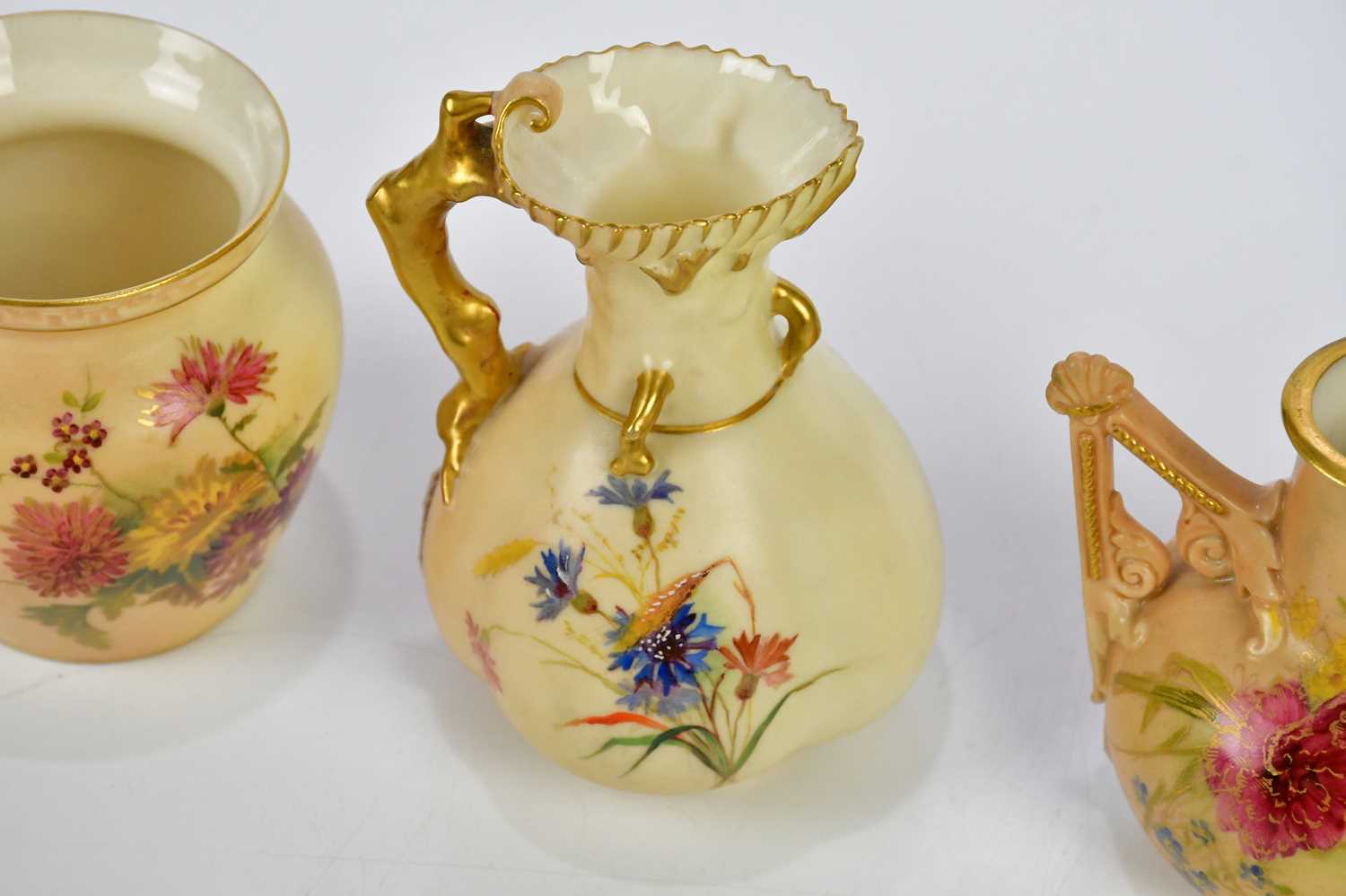ROYAL WORCESTER; three pieces of blush ivory including a ewer with tree effect handle, numbered - Image 3 of 5
