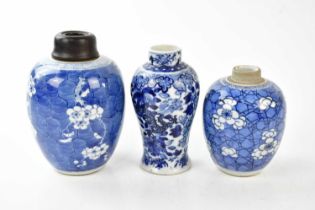 Two late 18th century Chinese blue and white porcelain tea caddies with prunus decoration, the