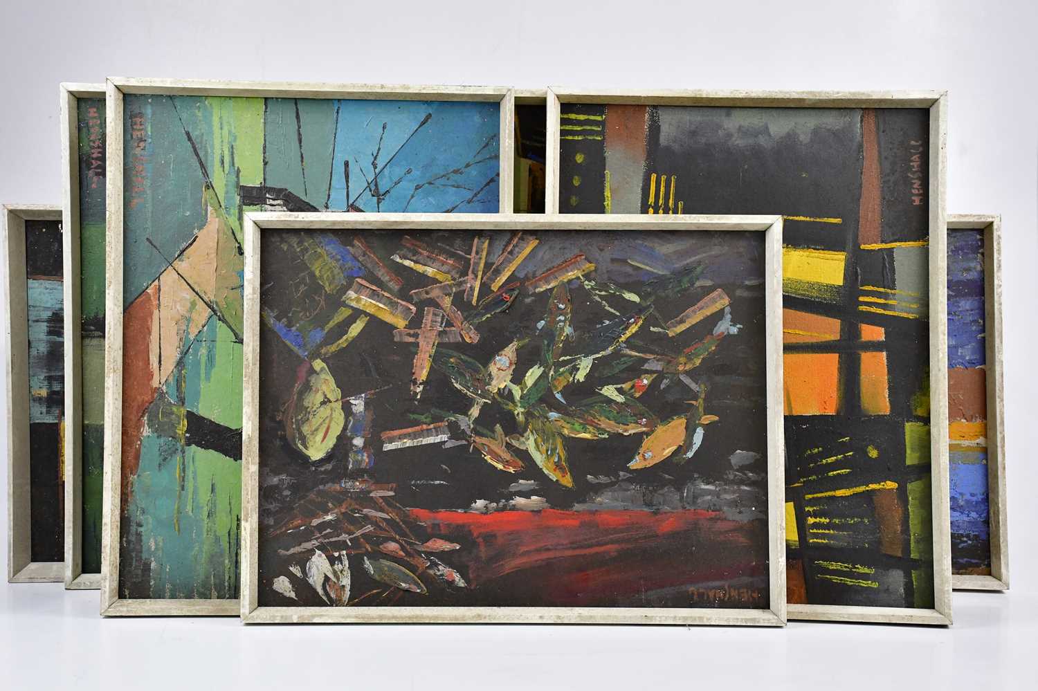 † JOHN HENSHALL; ten oils on panels, abstracts, average size 30 x 40cm, framed.