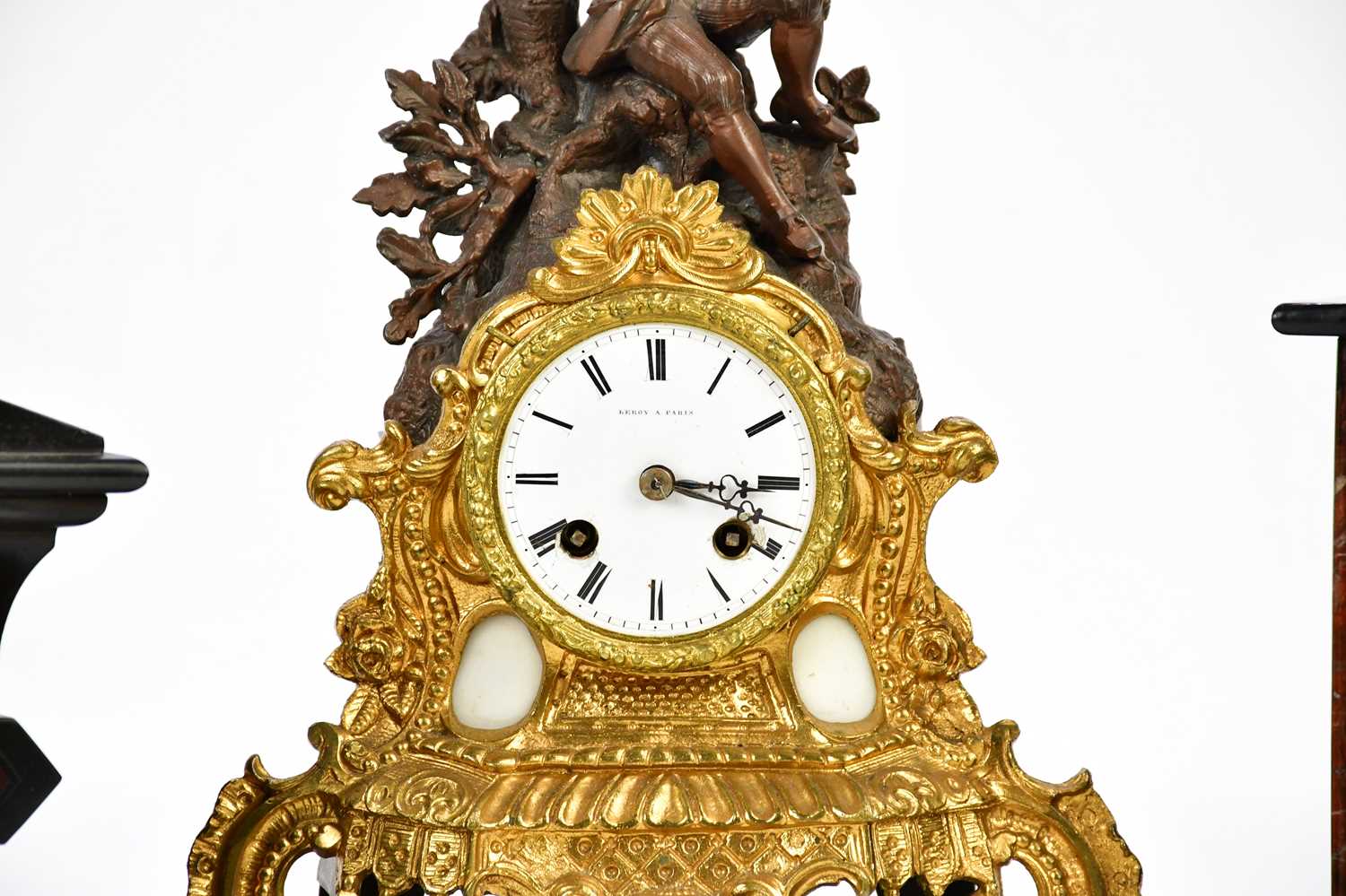 LEROY A PARIS; a French spelter eight day figural mantel clock, on associated base, height 39cm, - Bild 4 aus 4