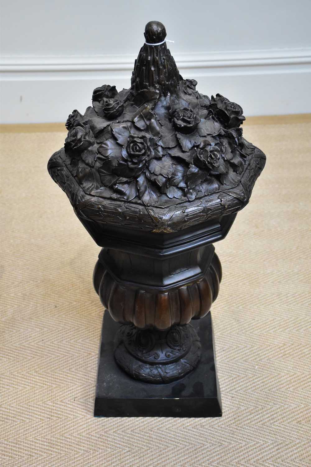 A large pair of bronze urns with floral decoration to the tops, height 75cm. - Image 3 of 4