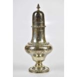 A George V hallmarked silver sugar caster with cast beaded rims, Sheffield 1912, approx 7ozt/218g.