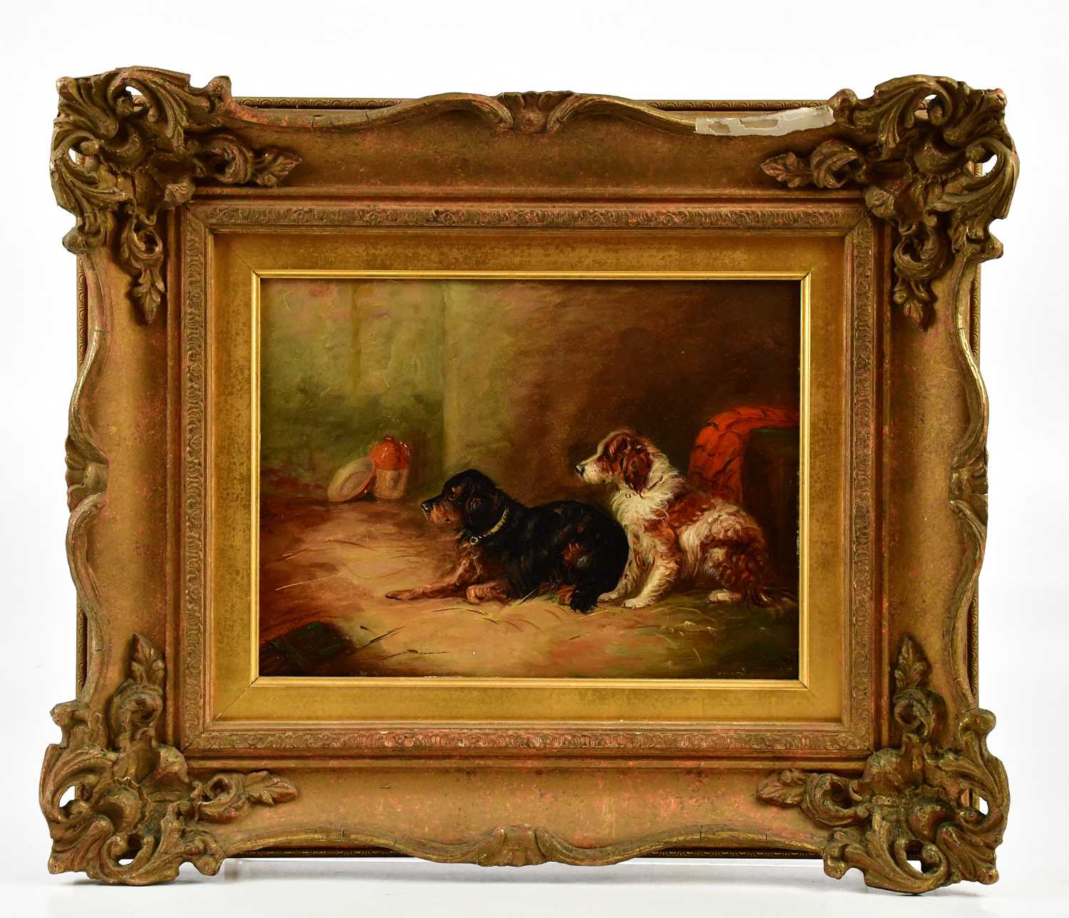 ENGLISH SCHOOL; 19th century oil on oak panel, dogs in a barn, unsigned, 21.5cm x 29cm, framed.