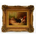ENGLISH SCHOOL; 19th century oil on oak panel, dogs in a barn, unsigned, 21.5cm x 29cm, framed.